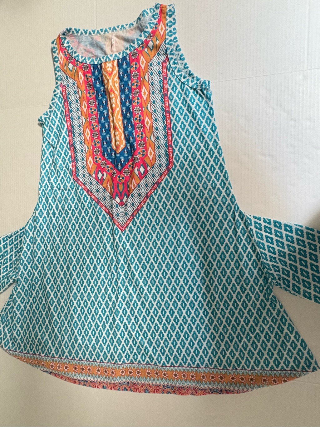 Turquoise Sleeveless Asymmetrical Dress With Multicolor Embellished Bib